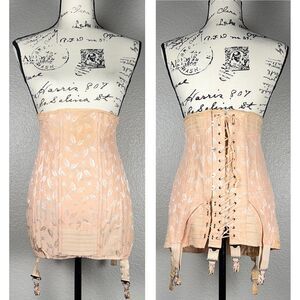 VTG 1940s Joan Browne Boned Open Bottom Corset 6 Garters Pink Jacquard Satin